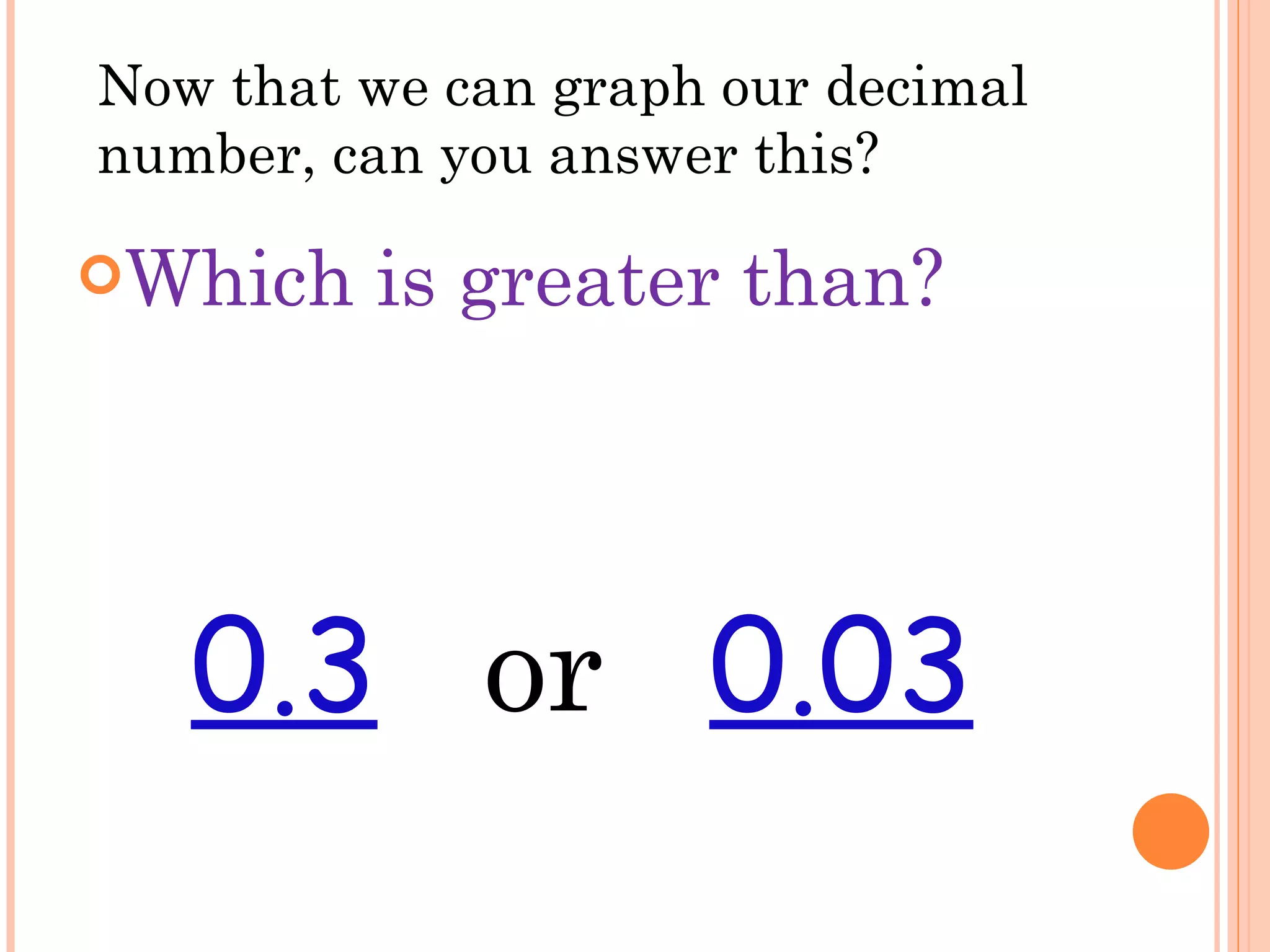 Which is greater than? 0.3   or  0.03 Now that we can graph our decimal number, can you answer this? 