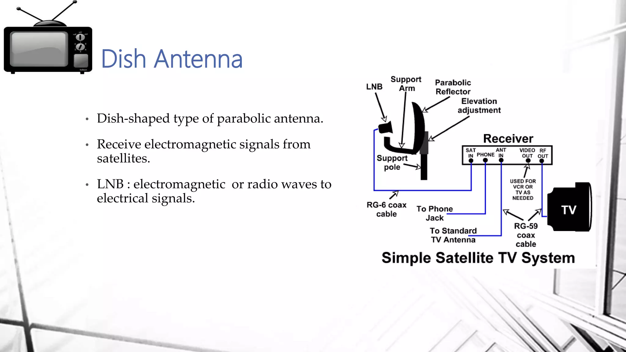 • Dish-shaped type of parabolic antenna.
• Receive electromagnetic signals from
satellites.
• LNB : electromagnetic or radio waves to
electrical signals.
Dish Antenna
 