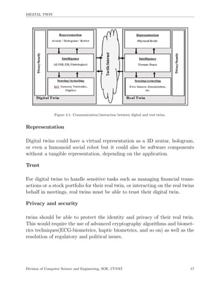 DIGITAL TWIN
Figure 4.1: Communication/interaction between digital and real twins.
Representation
Digital twins could have a virtual representation as a 3D avatar, hologram,
or even a humanoid social robot but it could also be software components
without a tangible representation, depending on the application.
Trust
For digital twins to handle sensitive tasks such as managing ﬁnancial trans-
actions or a stock portfolio for their real twin, or interacting on the real twins
behalf in meetings, real twins must be able to trust their digital twin.
Privacy and security
twins should be able to protect the identity and privacy of their real twin.
This would require the use of advanced cryptography algorithms and biomet-
rics techniques(ECG-biometrics, haptic biometrics, and so on) as well as the
resolution of regulatory and political issues.
Division of Computer Science and Engineering, SOE, CUSAT 17
 