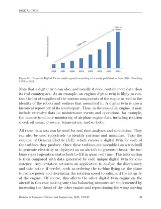 DIGITAL TWIN
Figure 6.1: Expected Digital Twins market growth according to a study published in June 2018. Reaching
15B$ in 2023..
Note that a digital twin can also, and usually it does, contain more data than
its real counterpart. As an example, an engines digital twin is likely to con-
tain the list of suppliers of the various components of the engine as well as the
identity of the robots and workers that assembled it. A digital twin is also a
historical repository of its counterpart. Thus, in the case of an engine, it may
include extensive data on maintenance events and operations, for example,
the minute-to-minute monitoring of airplane engine data including rotation
speed, oil usage, pressure, temperature, and so forth.
All these data sets can be used for real-time analyses and simulation. They
can also be used collectively to identify patterns and meanings. Take the
example of General Electric (GE), which creates a digital twin for each of
the turbines they produce. Once these turbines are assembled on a windmill
to generate electricity or deployed on an aircraft to generate thrust, the tur-
bines report operation status back to GE in quasi real time. This information
is then compared with data generated by each unique digital twin for con-
sistency. Any deviation activates an application to analyse the discrepancy
and take action if needed, such as ordering the turbine ﬂying on the plane
to reduce power and decreasing the rotation speed to safeguard the integrity
of the engine. Of course, this aﬀects the other digital twin engine on the
aircraftin this case making sure that balancing measures are implemented by
increasing the thrust of the other engine and repositioning the wings moving
Division of Computer Science and Engineering, SOE, CUSAT 23
 