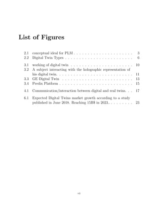 List of Figures
2.1 conceptual ideal for PLM . . . . . . . . . . . . . . . . . . . . . 3
2.2 Digital Twin Types . . . . . . . . . . . . . . . . . . . . . . . . 6
3.1 working of digital twin . . . . . . . . . . . . . . . . . . . . . . 10
3.2 A subject interacting with the holographic representation of
his digital twin. . . . . . . . . . . . . . . . . . . . . . . . . . . 11
3.3 GE Digital Twin . . . . . . . . . . . . . . . . . . . . . . . . . 13
3.4 Predix Platform . . . . . . . . . . . . . . . . . . . . . . . . . . 15
4.1 Communication/interaction between digital and real twins. . . 17
6.1 Expected Digital Twins market growth according to a study
published in June 2018. Reaching 15B$ in 2023.. . . . . . . . . 23
vii
 