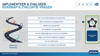 MAINTAINING A BETTER WORLD
IMPLEMENTEER & EVALUEER
ROADMAP & EVALUATIE VRAGEN
MAINTAINING A BETTER WORLD
Digital
transformation
Assessment
•Huidige stand
•Ambitie
Business case: waar
zit direct voordeel
•Welke struikelblokken
leveren direct iets op?
Randvoorwaarden:
organisatie
•Processen op orde!
Randvoorwaarden:
data & informatie
•P&ID
•Documenten
•Dynamische data
Implementeer &
evalueer
Juiste
gebruikerstools
inrichten
• Goede Dashboards
•Hololens
•Tablet
Zijn vernieuwingen geborgd in de organisatie?
Blijft de organisatie vooruitgang boeken?
Worden successen gevierd?
Is er draagvlak in de organisatie?
Is er een veilige omgeving om te leren en ontwikkelen?
Volgen we de visie & strategie die is opgezet?
Is er een leidend team?
Is er een gevoel van noodzaak in de organisatie?
Maak een
Roadmap
 