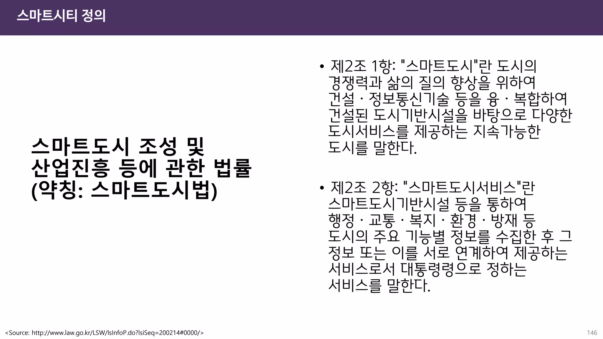 스마트도시 조성 및
산업진흥 등에 관한 법률
(약칭: 스마트도시법)
• 제2조 1항: "스마트도시"란 도시의
경쟁력과 삶의 질의 향상을 위하여
건설ㆍ정보통신기술 등을 융ㆍ복합하여
건설된 도시기반시설을 바탕으로 다양한
도시서비스를 제공하는 지속가능한
도시를 말한다.
• 제2조 2항: "스마트도시서비스"란
스마트도시기반시설 등을 통하여
행정ㆍ교통ㆍ복지ㆍ환경ㆍ방재 등
도시의 주요 기능별 정보를 수집한 후 그
정보 또는 이를 서로 연계하여 제공하는
서비스로서 대통령령으로 정하는
서비스를 말한다.
<Source: http://www.law.go.kr/LSW/lsInfoP.do?lsiSeq=200214#0000/>
스마트시티 정의
146
 