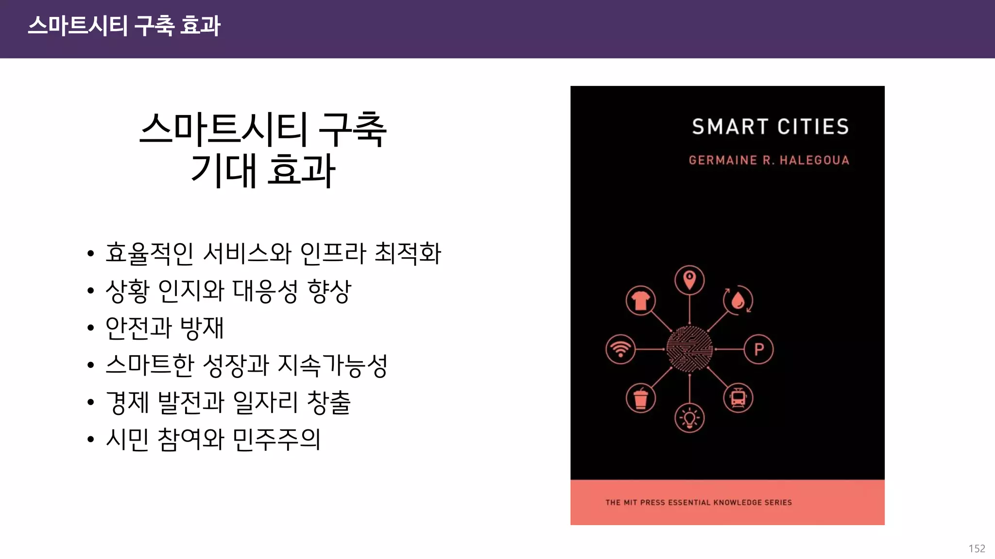 스마트시티 구축
기대 효과
• 효율적인 서비스와 인프라 최적화
• 상황 인지와 대응성 향상
• 안전과 방재
• 스마트한 성장과 지속가능성
• 경제 발전과 일자리 창출
• 시민 참여와 민주주의
스마트시티 구축 효과
152
 