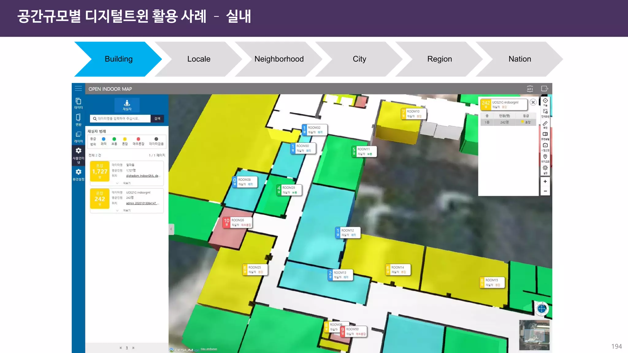 공간규모별 디지털트윈 활용 사례 – 실내
Building Locale Neighborhood City Region Nation
194
 