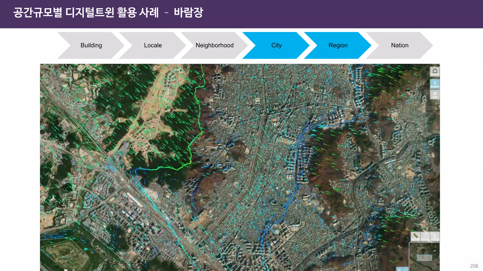 공간규모별 디지털트윈 활용 사례 – 바람장
Building Locale Neighborhood City Region Nation
206
 