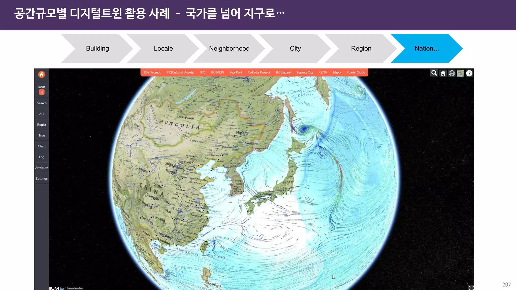 공간규모별 디지털트윈 활용 사례 – 국가를 넘어 지구로…
Building Locale Neighborhood City Region Nation…
207
 