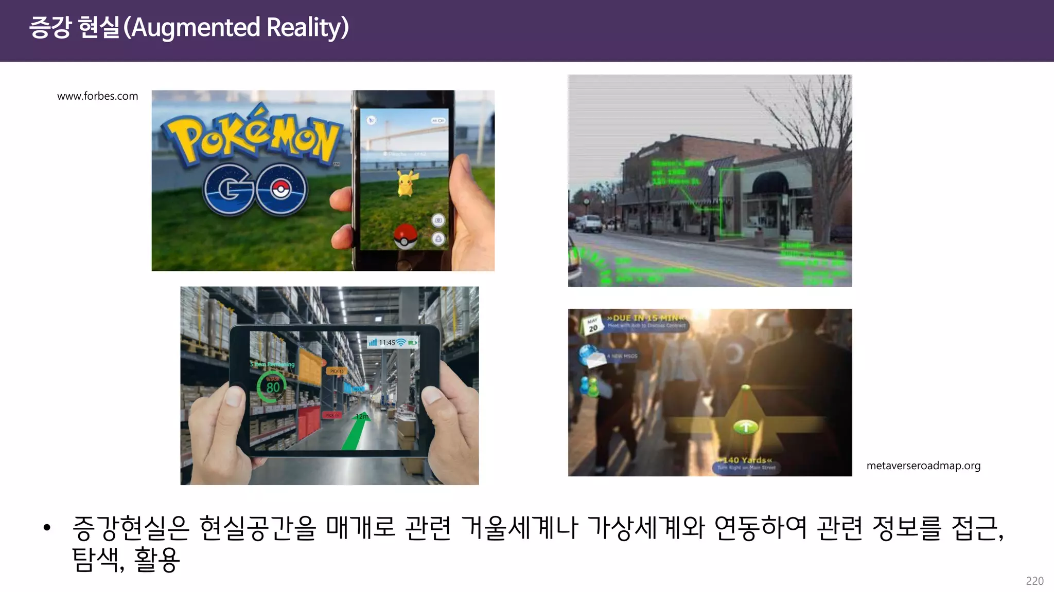 증강 현실(Augmented Reality)
220
• 증강현실은 현실공간을 매개로 관련 거울세계나 가상세계와 연동하여 관련 정보를 접근,
탐색, 활용
 