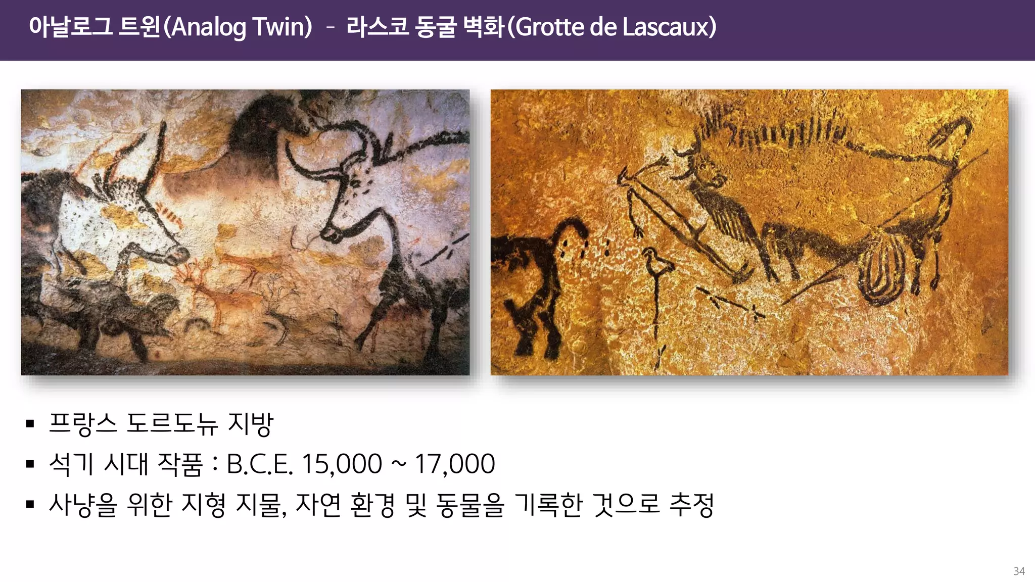 아날로그 트윈(Analog Twin) – 라스코 동굴 벽화(Grotte de Lascaux)
34
▪ 프랑스 도르도뉴 지방
▪ 석기 시대 작품 : B.C.E. 15,000 ~ 17,000
▪ 사냥을 위한 지형 지물, 자연 환경 및 동물을 기록한 것으로 추정
 