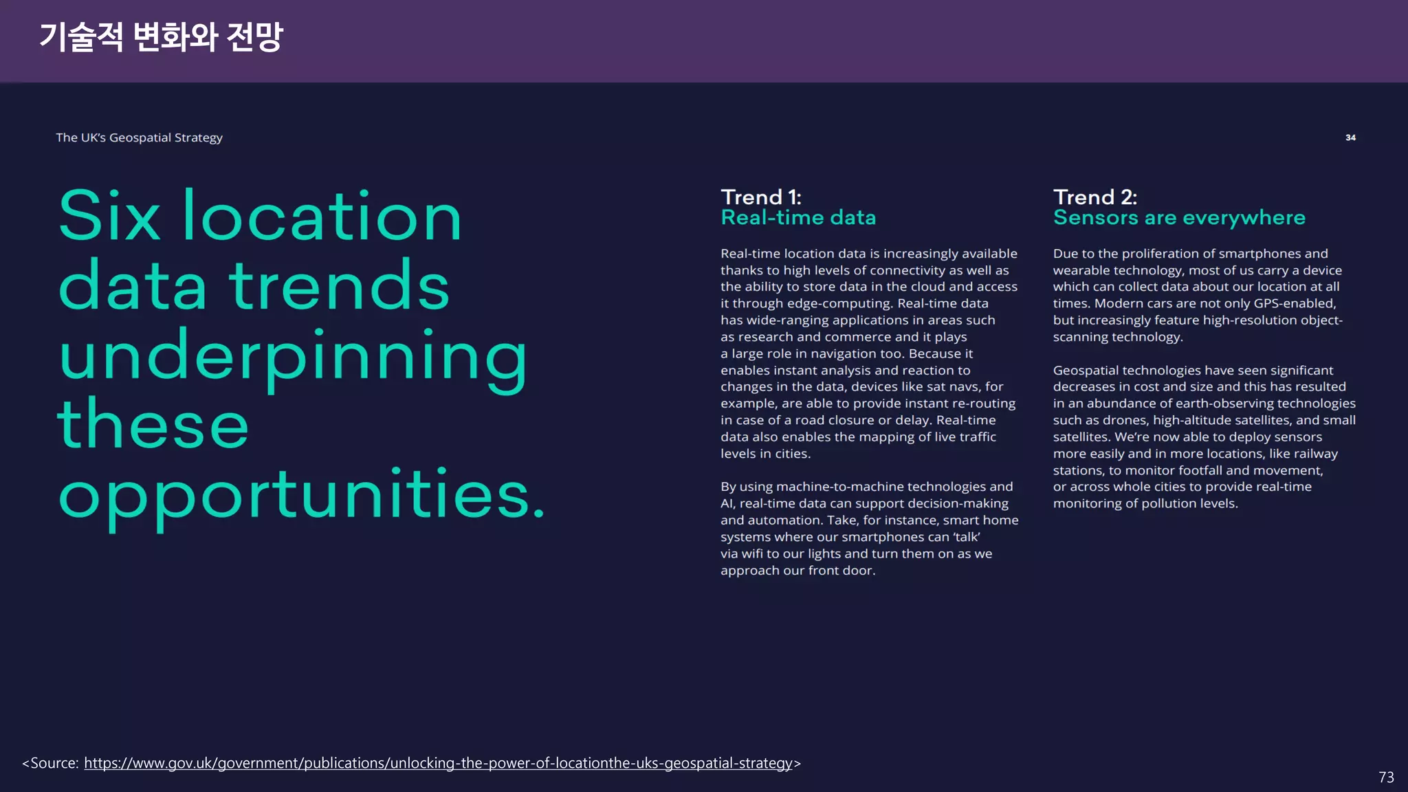<Source: https://www.gov.uk/government/publications/unlocking-the-power-of-locationthe-uks-geospatial-strategy>
기술적 변화와 전망
73
 