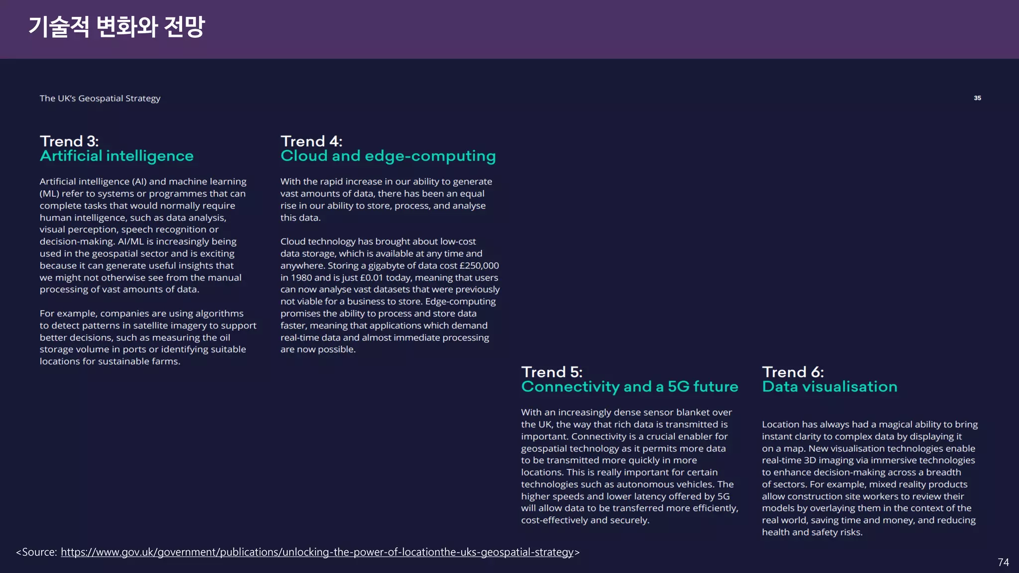 <Source: https://www.gov.uk/government/publications/unlocking-the-power-of-locationthe-uks-geospatial-strategy>
기술적 변화와 전망
74
 