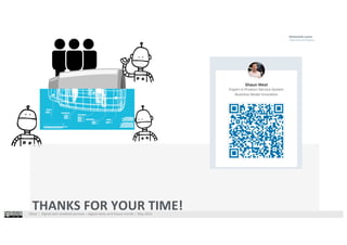 West⎹ Digital twin enabled services – digital twins and future trends⎹ May 2021
THANKS FOR YOUR TIME!
Industrie 2025, F&E Konferenz zur Industrie 4.0 |Jürg Meierhofer & Dr Shaun West
For more information please visit slideshare.n
Who we are…
A multidisciplinary group from four u
Proje
Sen
Indu
Coo
Exe
Dr. s
Jür
E
 