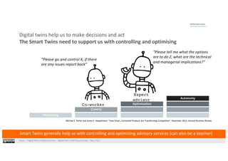 West⎹ Digital twin enabled services – digital twins and future trends⎹ May 2021
Digital twins help us to make decisions and act
The Smart Twins need to support us with controlling and optimising
Page 13
sensors, processors, software and the overall connectivity of products in combination with cloud
computing are still seen as the core elements of the IIoT.
Capabilities
Porter & Heppelmann (2014) see information technologies more and more becoming an integral part
of traditionally physical products, building up to the development of an Internet of Things as described
above. The “connectivity” and “smartness” of such products enable new capabilities and can,
therefore, help to increase their value. The following paragraphs will first describe the possible
capabilities and further how connected products lead to a redefinition of industry boundaries.
The following four-stage model used by Porter & Heppelmann (2014) describes how capabilities build
on each other. While each capability has the potential to increase a product's value on its own, and to
achieve a higher level of maturity, the capabilities from the previous level are needed to follow this
evolution.
Figure 4: Capabilities of Smart, Connected Products (Porter & Heppelmann, 2014)
I. Sensors and external data sources are essential elements to enable product monitoring.
Besides the product´s condition and external conditions, the product’s operation and general
usage are elements to be monitored, stored, and used to send alerts and notifications in case
Michael E. Porter and James E. Heppelmann: "How Smart, Connected Products Are Transforming Competition”, November 2014, Harvard Business Review
Michael E. Porter and James E. Heppelmann: "How Smart, Connected Products Are Transforming Competition”, November 2014, Harvard Business Review
Smart Twins generally help us with controlling and optimizing advisory services (can also be a teacher)
“Please go and control X, if there
are any issues report back”
“Please tell me what the options
are to do Z, what are the technical
and managerial implications?”
Co-worker
Expert
advisor
 