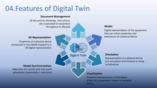 04.Features of Digital Twin
Graphical representation of the object
either on a supervisory screen or personal
device
Visualization
Representation of a physical device
in a simulation environment to study
its behaviour
Simulation
Digital representation of the equipment
that can mimic properties and
behaviours of a physical device
Model
Alignment of a model with real world
parameters (potentially in real-time)
Model Synchronization
Properties of a physical device
(measured or simulated) mapped to a
3D digital representation
3D Representation
All documents (drawings, instructions,
etc) associated to equipment
throughout its lifecycle
Document Management
 