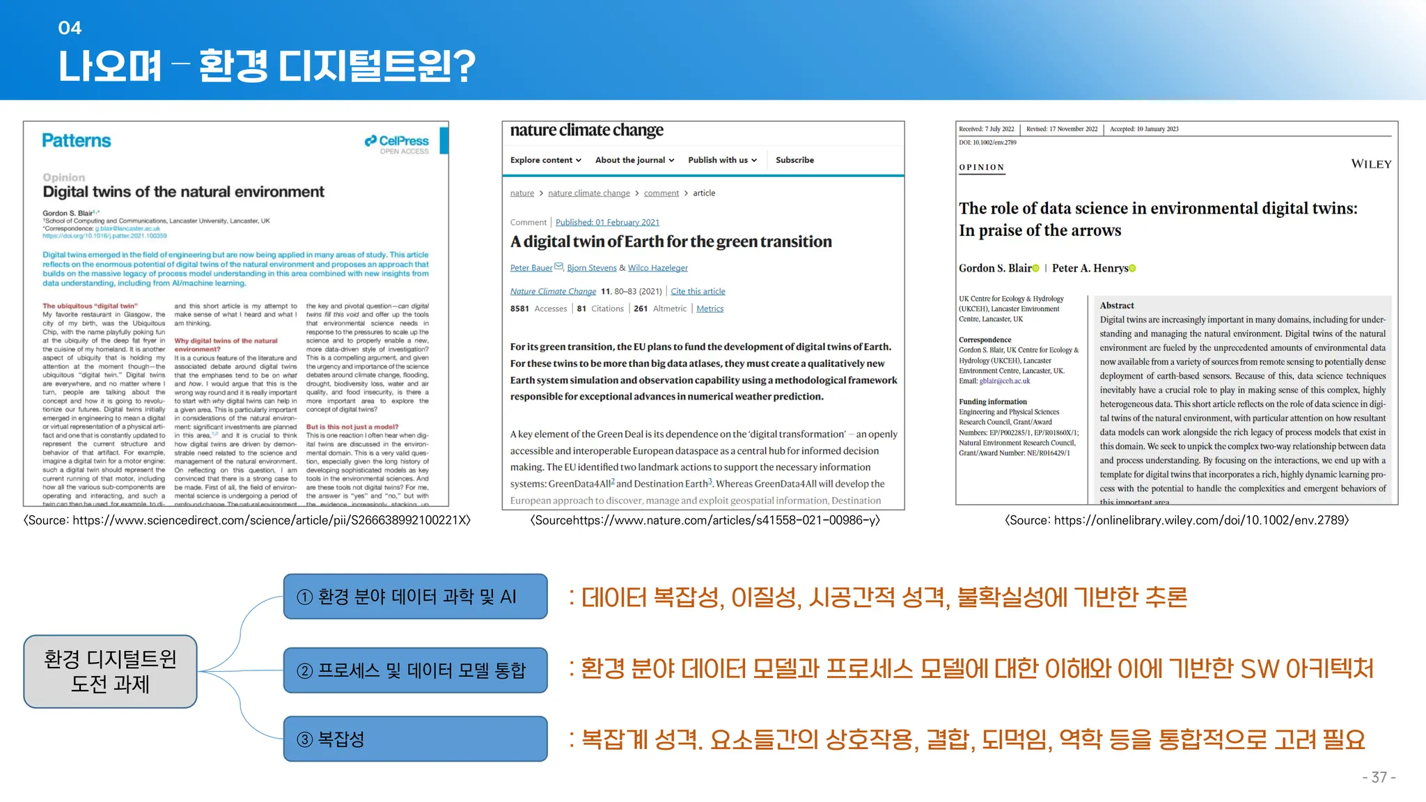 나오며 – 환경 디지털트윈?
04
- 37 -
<Source: https://www.sciencedirect.com/science/article/pii/S266638992100221X> <Source: https://onlinelibrary.wiley.com/doi/10.1002/env.2789>
<Sourcehttps://www.nature.com/articles/s41558-021-00986-y>
환경 디지털트윈
도전 과제
① 환경 분야 데이터 과학 및 AI
② 프로세스 및 데이터 모델 통합
③ 복잡성
: 데이터 복잡성, 이질성, 시공간적 성격, 불확실성에 기반한 추론
: 환경 분야 데이터 모델과 프로세스 모델에 대한 이해와 이에 기반한 SW 아키텍처
: 복잡계 성격. 요소들간의 상호작용, 결합, 되먹임, 역학 등을 통합적으로 고려 필요
 