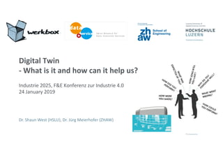 Digital Twin
- What is it and how can it help us?
Industrie 2025, F&E Konferenz zur Industrie 4.0
24 January 2019
Dr. Shaun West (HSLU), Dr. Jürg Meierhofer (ZHAW)
 