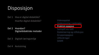 Disposisjon
Del 1 Hva er digital didaktikk?
Hvorfor digital didaktikk?
Del 2 Hvordan?
Digitaldidaktiske metoder
Del 3 Digitalt læringsmiljø
Del 4 Avslutning
Videoopptak
Undervisning i nettmøte
Praktisk oppgave
Samspill via nett
Dybdelæring og refleksjon
Gruppeoppgave
Utfordringer
SAMR
 
