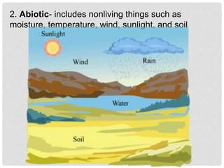 2. Abiotic- includes nonliving things such as
moisture, temperature, wind, sunlight, and soil
 