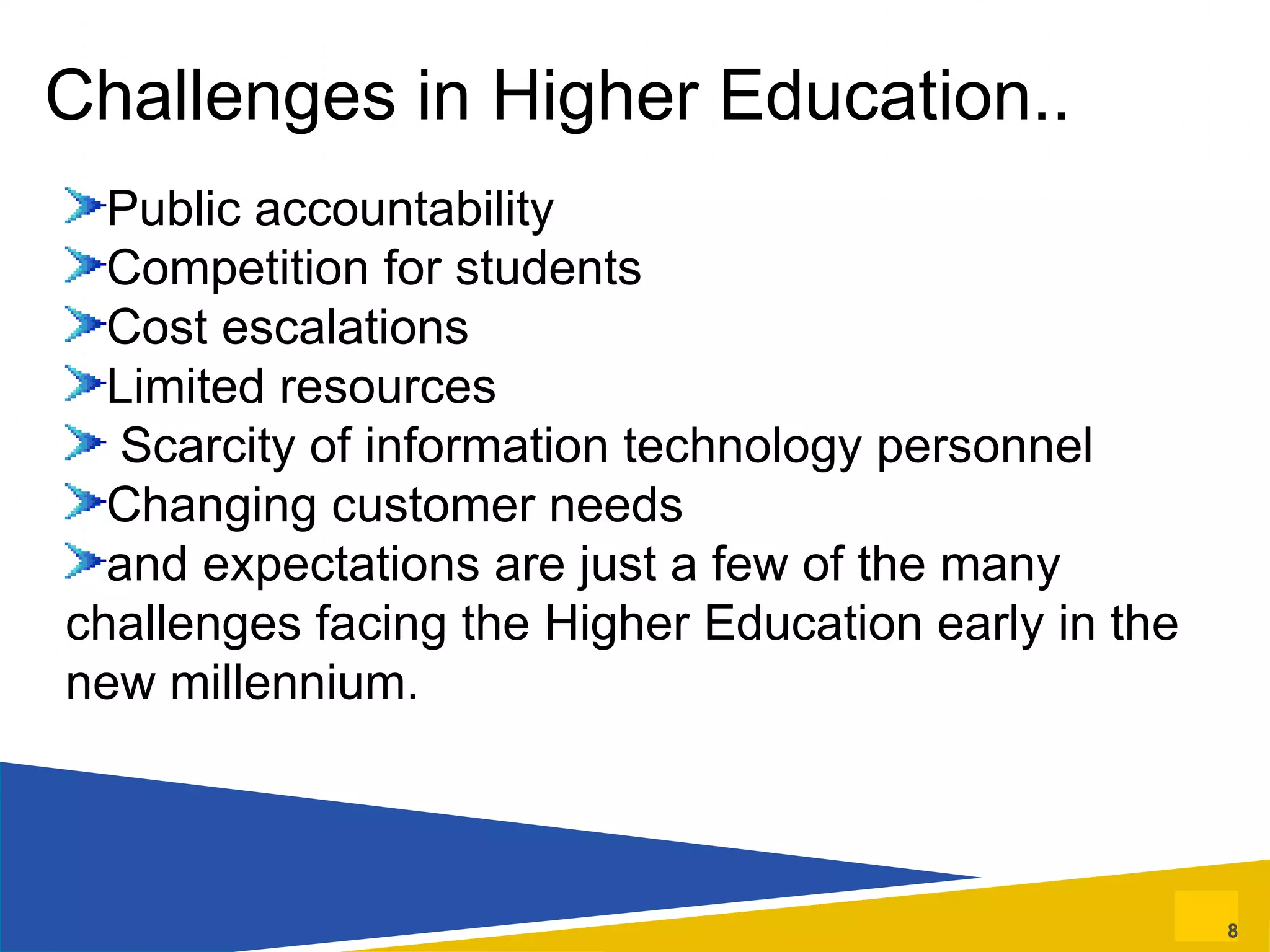 Public accountability Competition for students Cost escalations Limited resources Scarcity of information technology personnel Changing customer needs and expectations are just a few of the many  challenges facing the Higher Education early in the new millennium. Challenges in Higher Education.. 