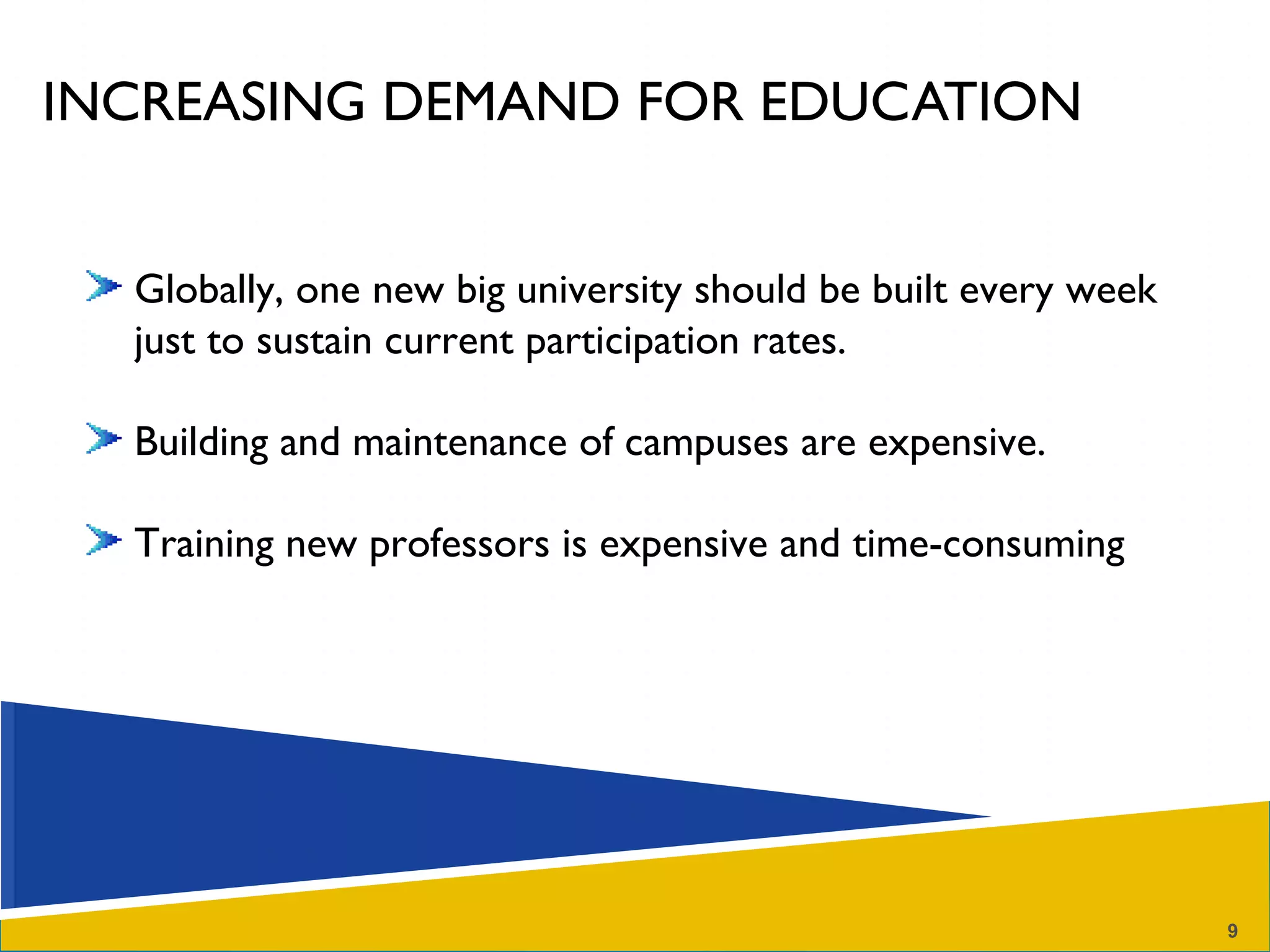 INCREASING DEMAND FOR EDUCATION Globally, one new big university should be built every week just to sustain current participation rates. Building and maintenance of campuses are expensive. Training new professors is expensive and time-consuming   