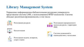 Library Management System
Управление информационно-библиотечными ресурсами университета
представлено системе LMS, с использованием RFID технологии. Система
обладает различным функционалом, в том числе:
Регистрация ресурсов
Каталогизация
Регистрация выдачи, возвратов,
утери и порчи
Регистрация неразрешенного
выноса ресурсов с территории
ИБЦ
Система оповещений и
взаимодействия с читателями
 