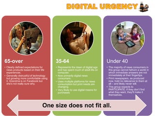 65-over                                 35-64                                    Under 40
• Clearly defined expectations for      • Represents the dawn of digital age     • The majority of news consumers in
  news products based on their life       and has spent much of adult life on      this group cannot fathom a world in
  experiences.                            computer.                                which immediate answers are not
• Generally distrustful of technology   • Now primarily digital news               immediately at their fingertips.
  but growing more comfortable using      consumers.                             • Print newspapers, as produced
  it. Grandma is on Facebook but        • Uses multiple platforms for news         now, hold no relevance to them at
  she’s not really sure why.              consumption but print needs are          all – and likely never will.
                                          changing.                              • This group expects to
                                        • Very likely to use digital means for     PARTICIPATE. If they don’t find
                                          purchases                                what they want, they’ll make it
                                                                                   themselves.



                                One size does not fit all.
 