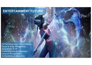| 16
© Numenor, 2021
ENTERTAINMENT FUTURE
To Full Immersive / Virtual Reality:
Facial & Voice Recognition;
Augmented & VR;
Haptic Controls & Feedback;
Gesture Recognition;
AI Rendering & Scenarios
 