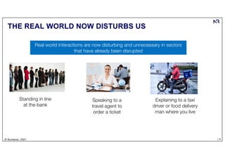 | 4
© Numenor, 2021
THE REAL WORLD NOW DISTURBS US
Standing in line
at the bank
Speaking to a
travel agent to
order a ticket
Explaining to a taxi
driver or food delivery
man where you live
Real world interactions are now disturbing and unnecessary in sectors
that have already been disrupted
 