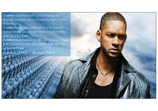 | 9
© Numenor, 2021
A robot may not injure a human being or,
through inaction, allow a human being to come
to harm.
A robot must obey orders given it by human
beings except where such orders would conflict
with the First Law.
A robot must protect its own existence as long as
such protection does not conflict with the First
or Second Law.
Asimov (1942) – iRobot (2004)
 