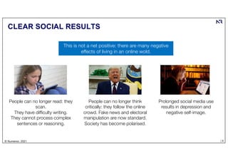 | 5
© Numenor, 2021
CLEAR SOCIAL RESULTS
People can no longer read: they
scan.
They have difficulty writing.
They cannot p...