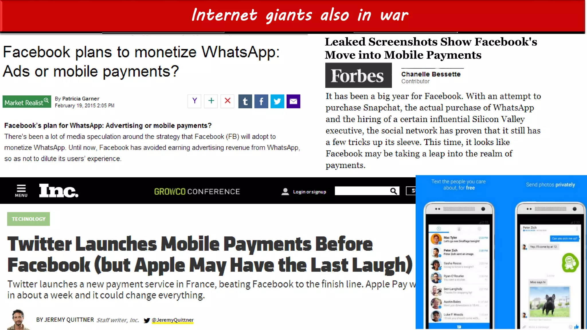 Einat Shimoni & Galit Fein’s work Copyright@2015
Do not remove source or attribution from any slide, graph or portion of graph
Internet giants also in war
40
Leaked Screenshots Show Facebook's
Move into Mobile Payments
 