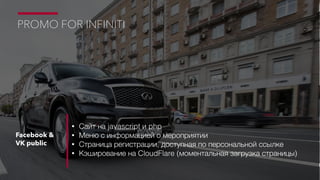 Facebook &
VK public
• Сайт на javascript и php
• Меню с информацией о мероприятии
• Страница регистрации, доступная по персональной ссылке
• Кэширование на CloudFlare (моментальная загрузка страницы)
PROMO FOR INFINITI
 