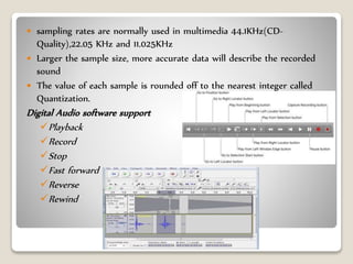  sampling rates are normally used in multimedia 44.1KHz(CD-
Quality),22.05 KHz and 11.025KHz
 Larger the sample size, more accurate data will describe the recorded
sound
 The value of each sample is rounded off to the nearest integer called
Quantization.
Digital Audio software support
Playback
Record
Stop
Fast forward
Reverse
Rewind
 