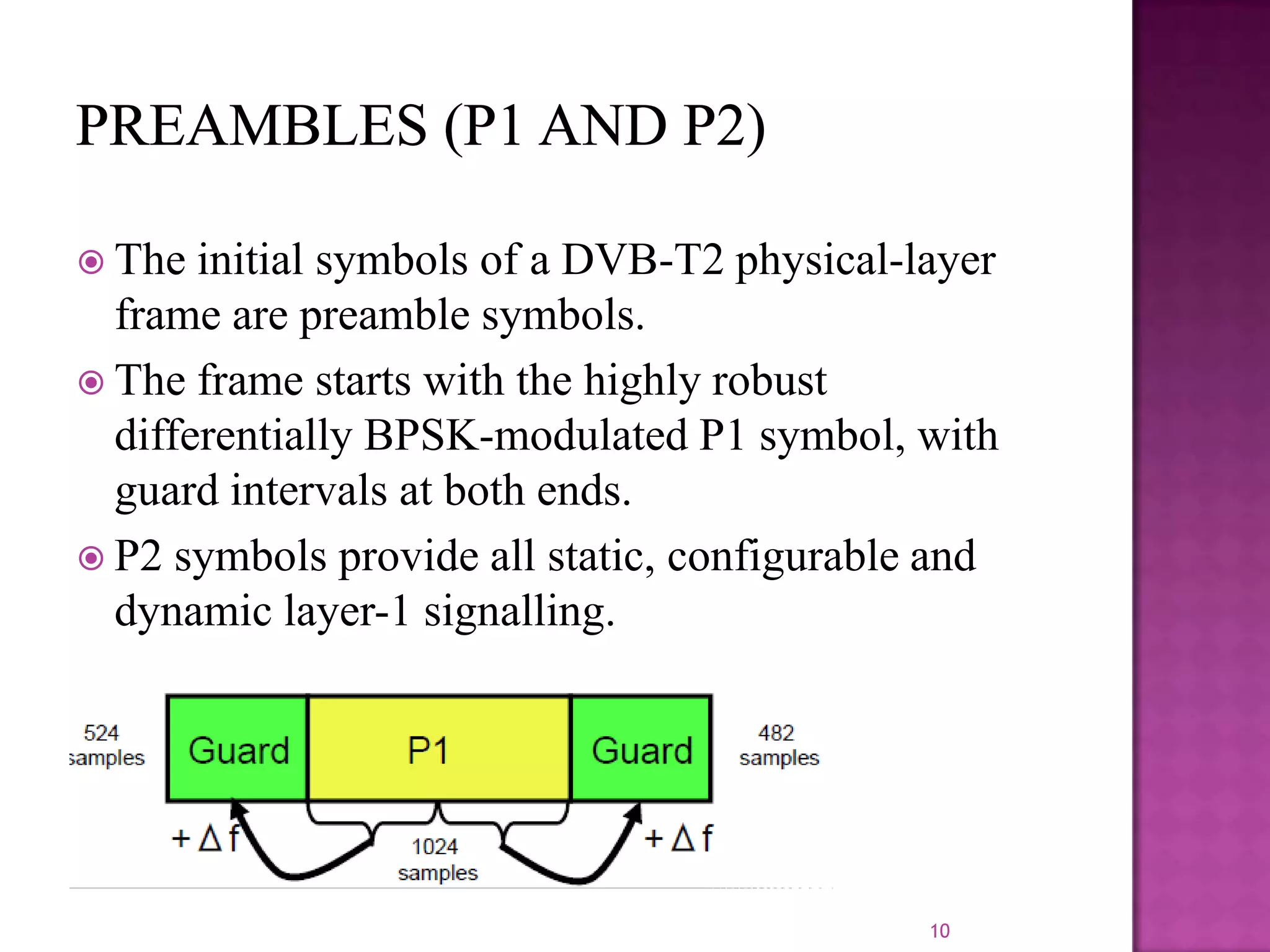  The

initial symbols of a DVB-T2 physical-layer
frame are preamble symbols.
 The frame starts with the highly robust
differentially BPSK-modulated P1 symbol, with
guard intervals at both ends.
 P2 symbols provide all static, configurable and
dynamic layer-1 signalling.

10

 