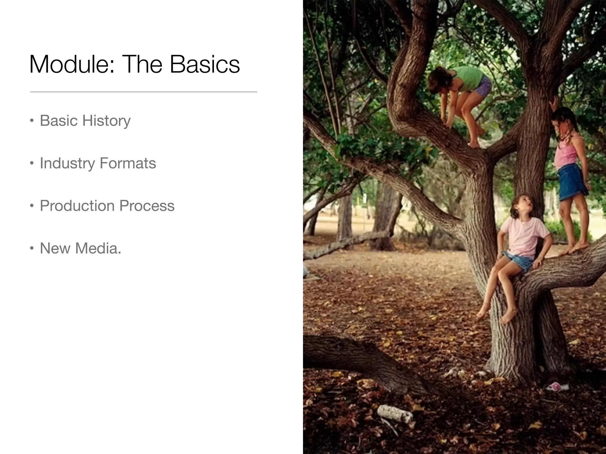 Module: The Basics
• Basic History
• Industry Formats
• Production Process
• New Media.