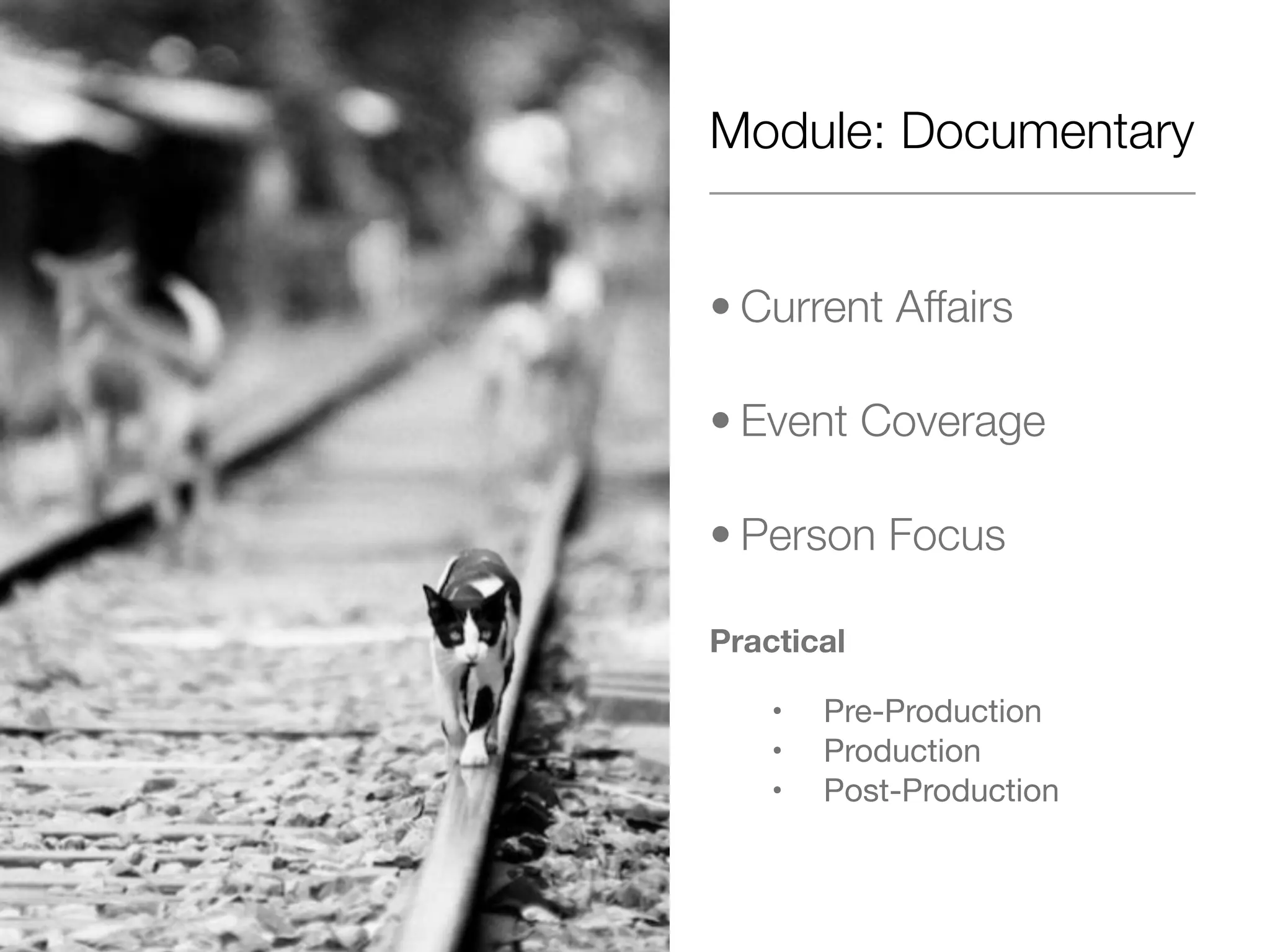 Module: Documentary
• Current Affairs
• Event Coverage
• Person Focus
Practical
• Pre-Production
• Production
• Post-Production
