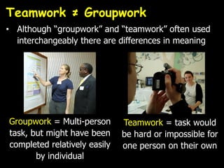 Teamwork ≠ Groupwork
• Although “groupwork” and “teamwork” often used
interchangeably there are differences in meaning
Groupwork = Multi-person
task, but might have been
completed relatively easily
by individual
Teamwork = task would
be hard or impossible for
one person on their own
 