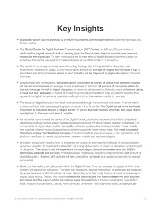 Key Insights
•	 Digital disruption has the potential to overturn incumbents and reshape markets faster than perhaps any
force in history.
•	 The Global Center for Digital Business Transformation (DBT Center), an IMD and Cisco initiative, is
dedicated to original research and to creating opportunities for executives to innovate new business
models for the digital age. To learn more about the current state of digital disruption and the outlook for
industries, the Center surveyed 941 business leaders around the world in 12 industries.
•	 The results of our survey surfaced several troubling findings about the potential for disruption, and
incumbents’ readiness to adapt. Survey respondents believe an average of roughly four of today’s top 10
incumbents (in terms of market share) in each industry will be displaced by digital disruption in the next
five years.
•	 Despite these dire ramifications, digital disruption is not seen as worthy of board-level attention in about
45 percent of companies (on average across industries). In addition, 44 percent of companies either do
not acknowledge the risk of digital disruption, or have not addressed it sufficiently. Nearly a third are taking
a “wait and see” approach, in hopes of emulating successful competitors. Only 25 percent describe their
approach to digital disruption as proactive—willing to disrupt themselves in order to compete.
•	 The impact of digital disruption can best be understood through the construct of a vortex. A vortex exerts
a rotational force that draws everything that surrounds it into its center. The Digital Vortex is the inevitable
movement of industries toward a “digital center” in which business models, offerings, and value chains
are digitized to the maximum extent possible.
•	 As industries move toward the center of the Digital Vortex, physical components that inhibit competitive
advantage (such as manual, paper-based processes) are shed. Whatever can be digitized is digitized. The
components of digital value can then be readily combined as disruptive business models. These models
knit together different types of capabilities and deliver customer value in new ways. The most successful
disruptors employ “combinatorial disruption,” in which multiple sources of value—cost, experience, and
platform—are fused to create disruptive new business models and exponential gains.
•	 We asked executives in each of the 12 industries we studied to estimate the likelihood of disruption based
upon four variables: 1) investment in disruption, 2) timing of disruption, 3) means of disruption, and 4) impact
of disruption. The industry that will experience the most digital disruption between now and 2020 is
technology products and services. Pharmaceuticals, meanwhile, is likely to experience the least amount of
digital disruption. However, all industries will see competitive upheavals as innovations become increasingly
exponential.
•	 Based on their ranking and placement within the Digital Vortex, firms can evaluate the speed at which their
industry will experience disruption. They then can choose to “disrupt themselves” or potentially be displaced
by a new business model. This does not mean discarding what has made them successful or emulating in-
vogue digital tactics. Rather, they must challenge the assumptions that have underpinned prior success,
and stress-test the ways in which they deliver value to customers. It means changing the organization
itself, including its operations, culture, revenue model, and more—in fundamental ways, and perpetually.
© 2015 Global Center for Digital Business Transformation. All rights reserved. p. i
 