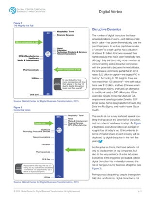 © 2015 Global Center for Digital Business Transformation. All rights reserved. p. 3
Digital Vortex
Disruptive Dynamics
The number of digital disruptors that have
amassed millions of users—and billions of dol-
lars in value—has grown tremendously over the
past three years. In venture capital vernacular,
a “unicorn” is a start-up that has a valuation
of at least $1 billion. Unicorns received their
name because they have been historically rare,
although they are becoming more common as
venture funding seeks disruptive companies
with the potential to become the next Alibaba,
the Chinese e-commerce portal that in 2014
raised $25 billion in capital—the largest IPO in
history.5
According to CB Insights, there are
now more than 100 unicorns6
—nine with valua-
tions over $10 billion, and two (Chinese smart-
phone maker Xiaomi, and Uber, an alternative
to traditional taxis) at $40 billion-plus. Other
examples include drone manufacturer DJI,
employment benefits provider Zenefits, P2P
lender Lufax, home design platform Houzz, Big
Data firm Mu Sigma, and health insurer Oscar
Health.
The results of our survey surfaced several trou-
bling findings about the potential for disruption,
and incumbents’ readiness to adapt. As Figure
2 illustrates, executives believe an average of
roughly four of today’s top 10 incumbents (in
terms of market share) in each industry will be
displaced by digital disruption in the next five
years.[ ]
As disruptive as this is, the threat extends not
only to displacement of big companies, but
also to the very existence of entire industries.
Executives in the industries we studied believe
digital disruption has materially increased the
risk of being put out of business altogether (see
Figure 3).
Perhaps most disquieting, despite these poten-
tially dire ramifications, digital disruption is not
Hospitality / Travel
41%average
Respondents who say the risk of
being put out of business increases
“somewhat” or “significantly” as a
result of digital disruption.
Oil & Gas
Pharmaceuticals
Financial Services
Retail
Media & Entertainment
Technology Products & Services
Utilities
Education
Telecommunications
Healthcare
Less risk
Greater risk
17%
49%
CPG & Manufacturing
survey
reponse
Figure 3
Existential Crisis
Source: Global Center for Digital Business Transformation, 2015
Hospitality / Travel
3.7average
In your industry, how
many companies will lose
their place in the top 10
due to digital disruption
(over next five years)?
Oil & Gas
Pharmaceuticals
Technology Products & Services
Retail
Education
Financial Services
CPG & Manufacturing
Utilities
Media & Entertainment
Healthcare
Fewer companies at risk
More companies at risk
2.5
4.3
Telecommunications
survey
question
Figure 2
The Mighty Will Fall
Source: Global Center for Digital Business Transformation, 2015
 