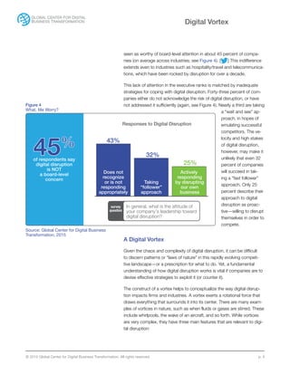 © 2015 Global Center for Digital Business Transformation. All rights reserved. p. 4
Digital Vortex
seen as worthy of board-level attention in about 45 percent of compa-
nies (on average across industries; see Figure 4). [ ] This indifference
extends even to industries such as hospitality/travel and telecommunica-
tions, which have been rocked by disruption for over a decade.
This lack of attention in the executive ranks is matched by inadequate
strategies for coping with digital disruption. Forty-three percent of com-
panies either do not acknowledge the risk of digital disruption, or have
not addressed it sufficiently (again, see Figure 4). Nearly a third are taking
a “wait and see” ap-
proach, in hopes of
emulating successful
competitors. The ve-
locity and high stakes
of digital disruption,
however, may make it
unlikely that even 32
percent of companies
will succeed in tak-
ing a “fast follower”
approach. Only 25
percent describe their
approach to digital
disruption as proac-
tive—willing to disrupt
themselves in order to
compete.
A Digital Vortex
Given the chaos and complexity of digital disruption, it can be difficult
to discern patterns or “laws of nature” in this rapidly evolving competi-
tive landscape—or a prescription for what to do. Yet, a fundamental
understanding of how digital disruption works is vital if companies are to
devise effective strategies to exploit it (or counter it).
The construct of a vortex helps to conceptualize the way digital disrup-
tion impacts firms and industries. A vortex exerts a rotational force that
draws everything that surrounds it into its center. There are many exam-
ples of vortices in nature, such as when fluids or gases are stirred. These
include whirlpools, the wake of an aircraft, and so forth. While vortices
are very complex, they have three main features that are relevant to digi-
tal disruption:
survey
question
43%
32%
25%
Does not
recognize
or is not
responding
appropriately
Taking
“follower”
approach
Actively
responding
by disrupting
our own
business
of respondents say
digital disruption
is NOT
a board-level
concern
45%
In general, what is the attitude of
your company’s leadership toward
digital disruption?
Responses to Digital Disruption
survey
question
Figure 4
What, Me Worry?
Source: Global Center for Digital Business
Transformation, 2015
 