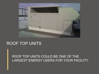ROOF TOP UNITS
ROOF TOP UNITS COULD BE ONE OF THE
LARGEST ENERGY USERS FOR YOUR FACILITY.