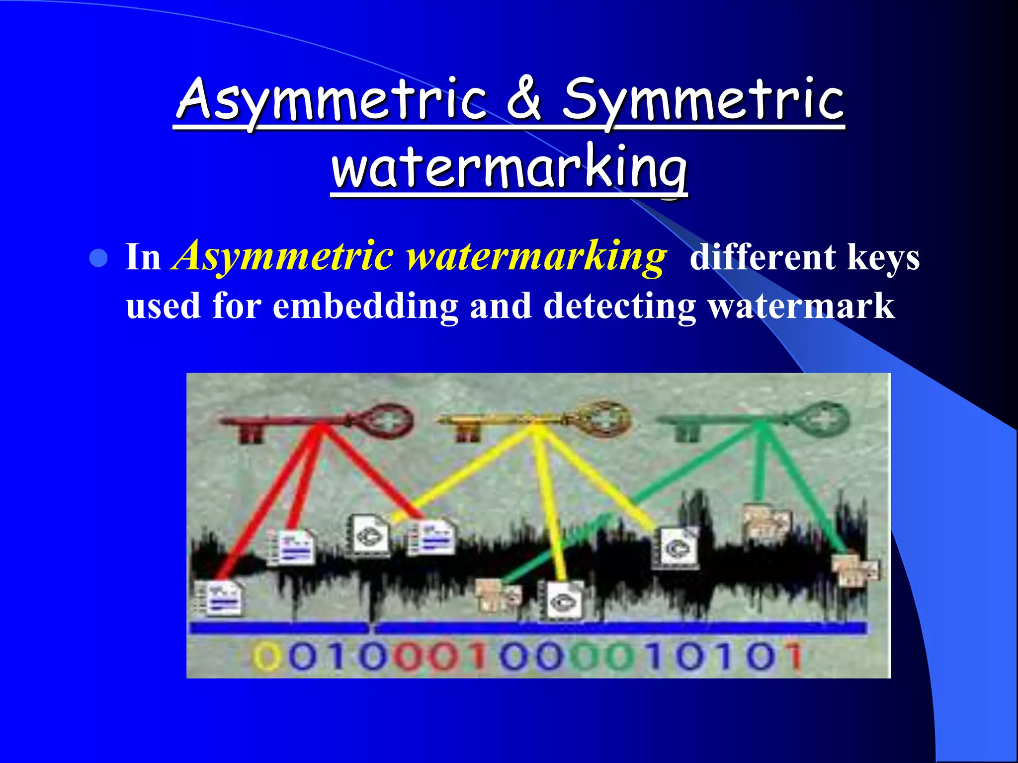 Asymmetric & Symmetric
watermarking
 In Asymmetric watermarking different keys
used for embedding and detecting watermark
 