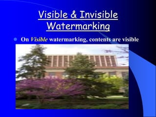 Visible & Invisible
Watermarking
 On Visible watermarking, contents are visible
 