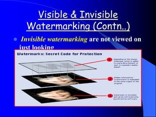 Visible & Invisible
Watermarking (Contn..)
 Invisible watermarking are not viewed on
just looking
 