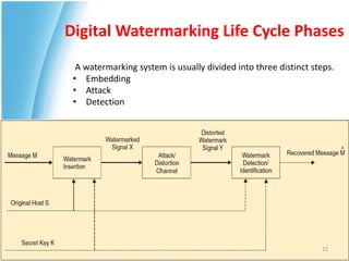 Digital Watermarking Life Cycle Phases
  A watermarking system is usually divided into three distinct steps.
 • Embedding
 • Attack
 • Detection




                                                                 12
 