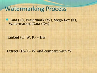 Watermarking Process
Data (D), Watermark (W), Stego Key (K),

Watermarked Data (Dw)

Embed (D, W, K) = Dw
Extract (Dw) = W’ and compare with W

 