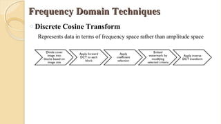 Frequency Domain TechniquesFrequency Domain Techniques
o Discrete Cosine Transform
Represents data in terms of frequency space rather than amplitude space
 