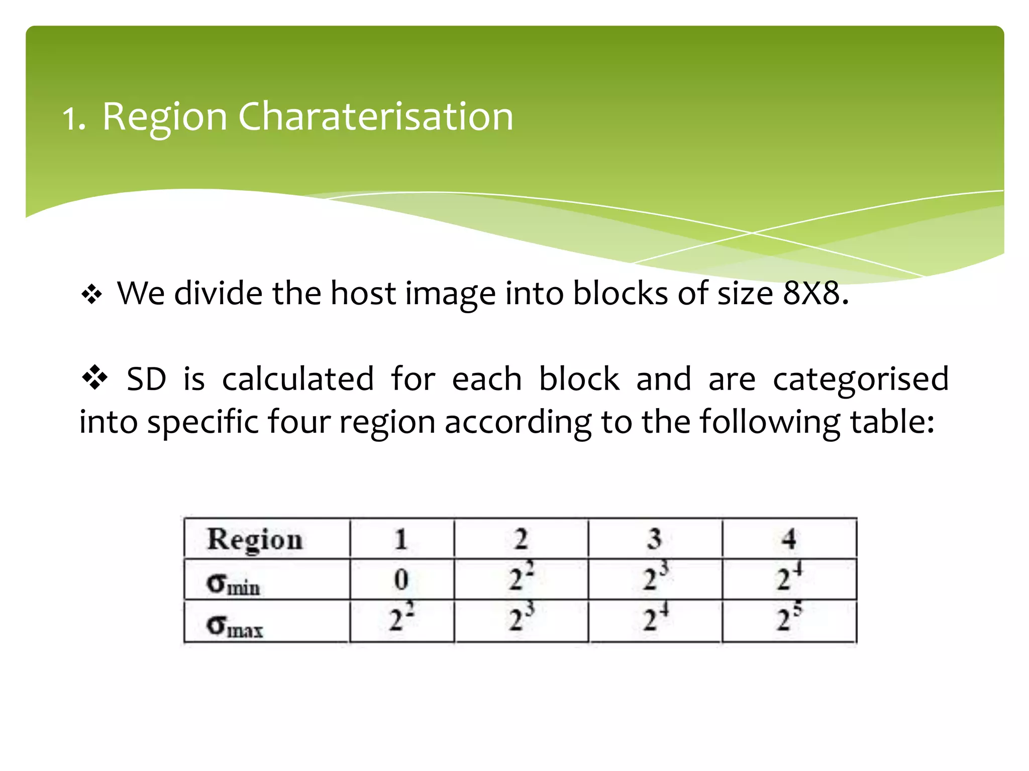 1. Region Charaterisation
 We divide the host image into blocks of size 8X8.
 SD is calculated for each block and are categorised
into specific four region according to the following table:
 