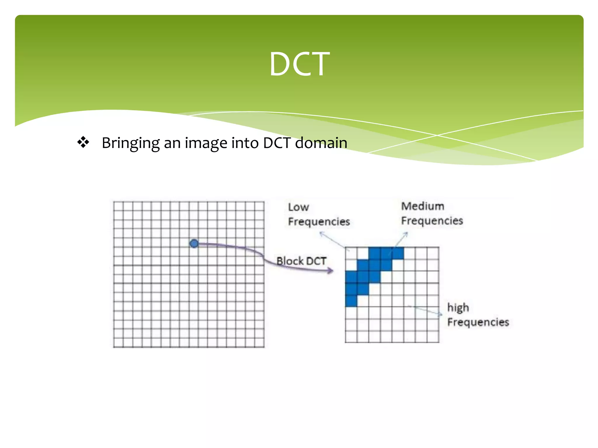 DCT
 Bringing an image into DCT domain
 