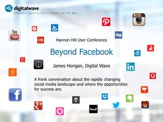 Hannon Hill User Conference


        Beyond Facebook
          James Horigan, Digital Wave

A frank conversation about the rapidly changing
social media landscape and where the opportunities
for success are.




                                                     1
 